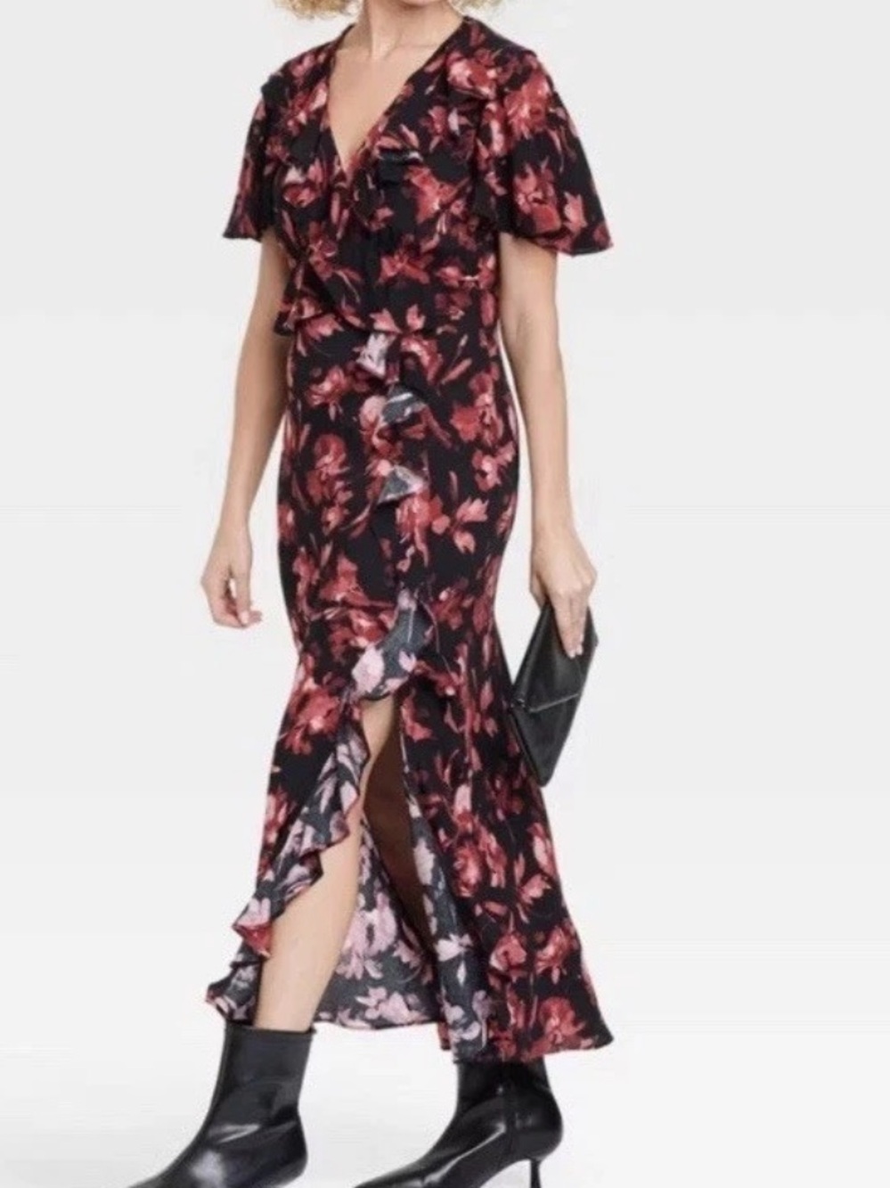 🆕A New Day Black Midi Ruffle Slit Dress with Pink Floral Print Romantic XS NWT
